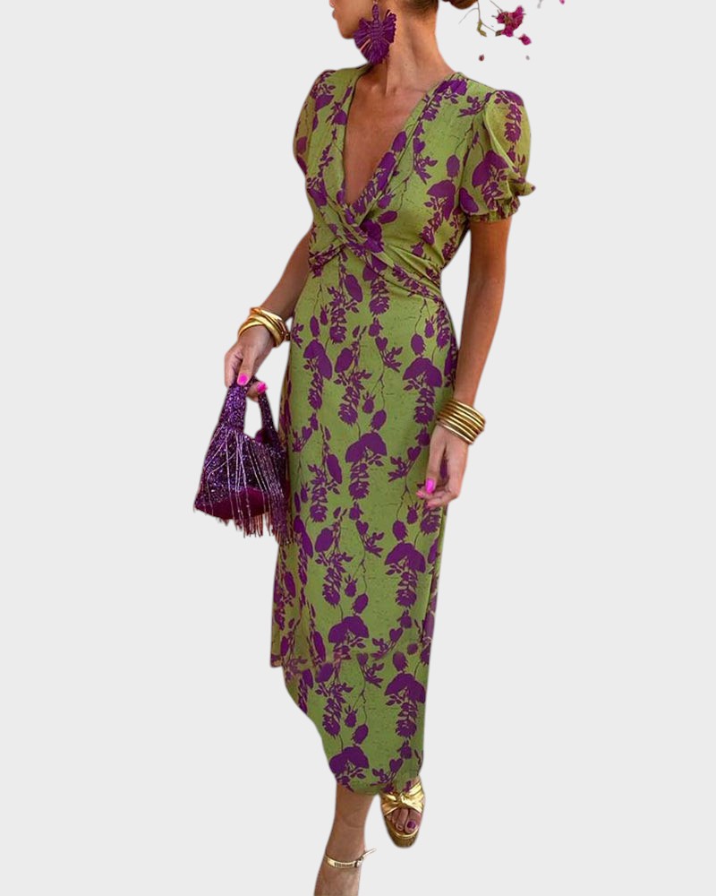 Amélia - Vestido Boho Plissado com Padrão Floral Feminina