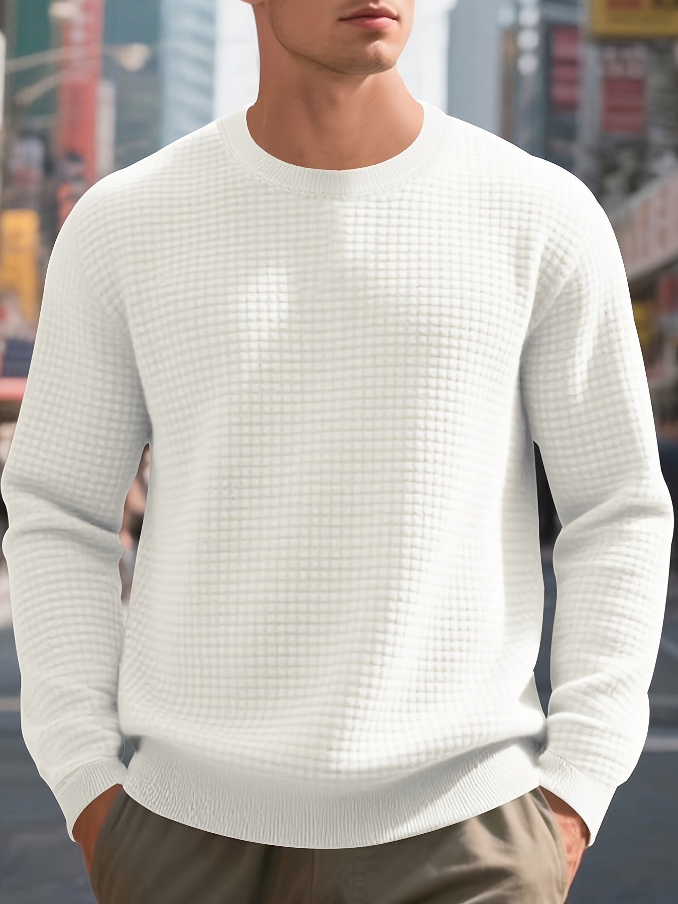 Men's Beige Knit Sweater - Soft Round Neck Long Sleeve Pullover with Subtle Check Pattern, Ribbed Texture & Minimalist Style | Cozy Casual Sweater for Fall/Winter Layering | Machine Washable Base Layer Shirt for, Outdoor & Casual Attire (Men & Teens) - Be