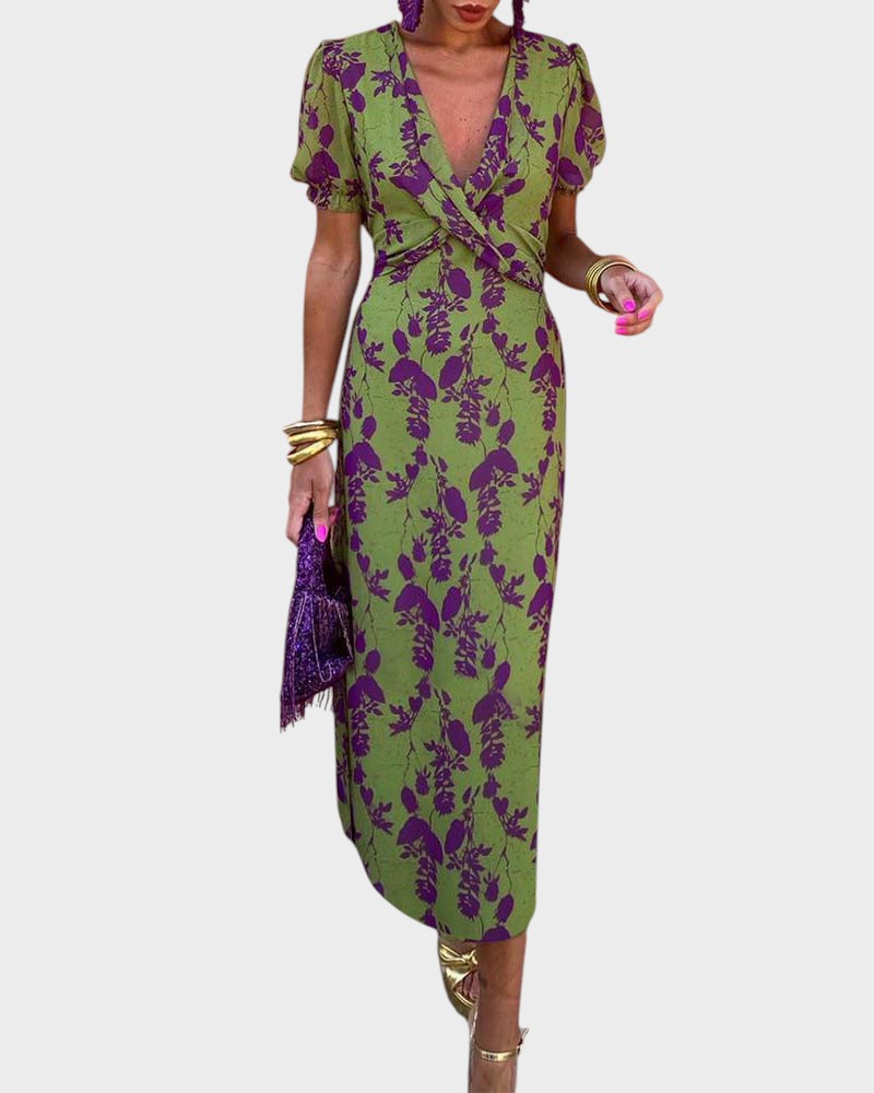 Amélia - Vestido Boho Plissado com Padrão Floral Feminina