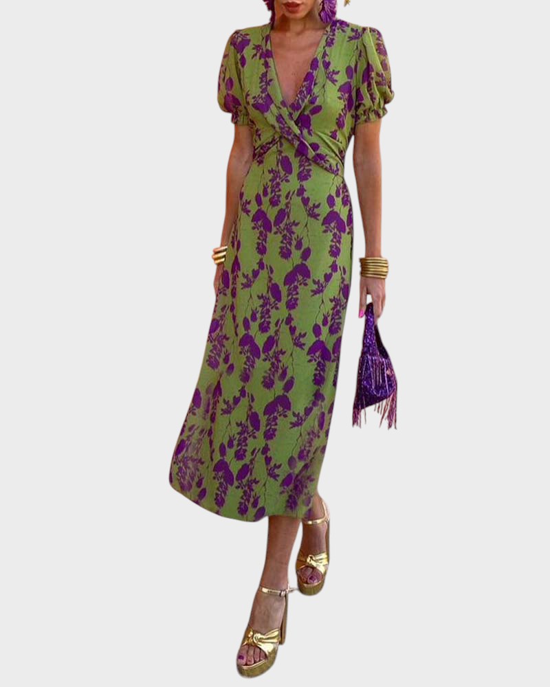 Amélia - Vestido Boho Plissado com Padrão Floral Feminina