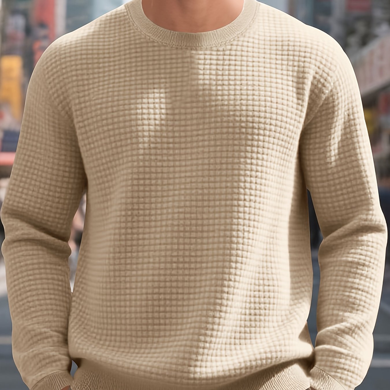 Men's Beige Knit Sweater - Soft Round Neck Long Sleeve Pullover with Subtle Check Pattern, Ribbed Texture & Minimalist Style | Cozy Casual Sweater for Fall/Winter Layering | Machine Washable Base Layer Shirt for, Outdoor & Casual Attire (Men & Teens) - Be