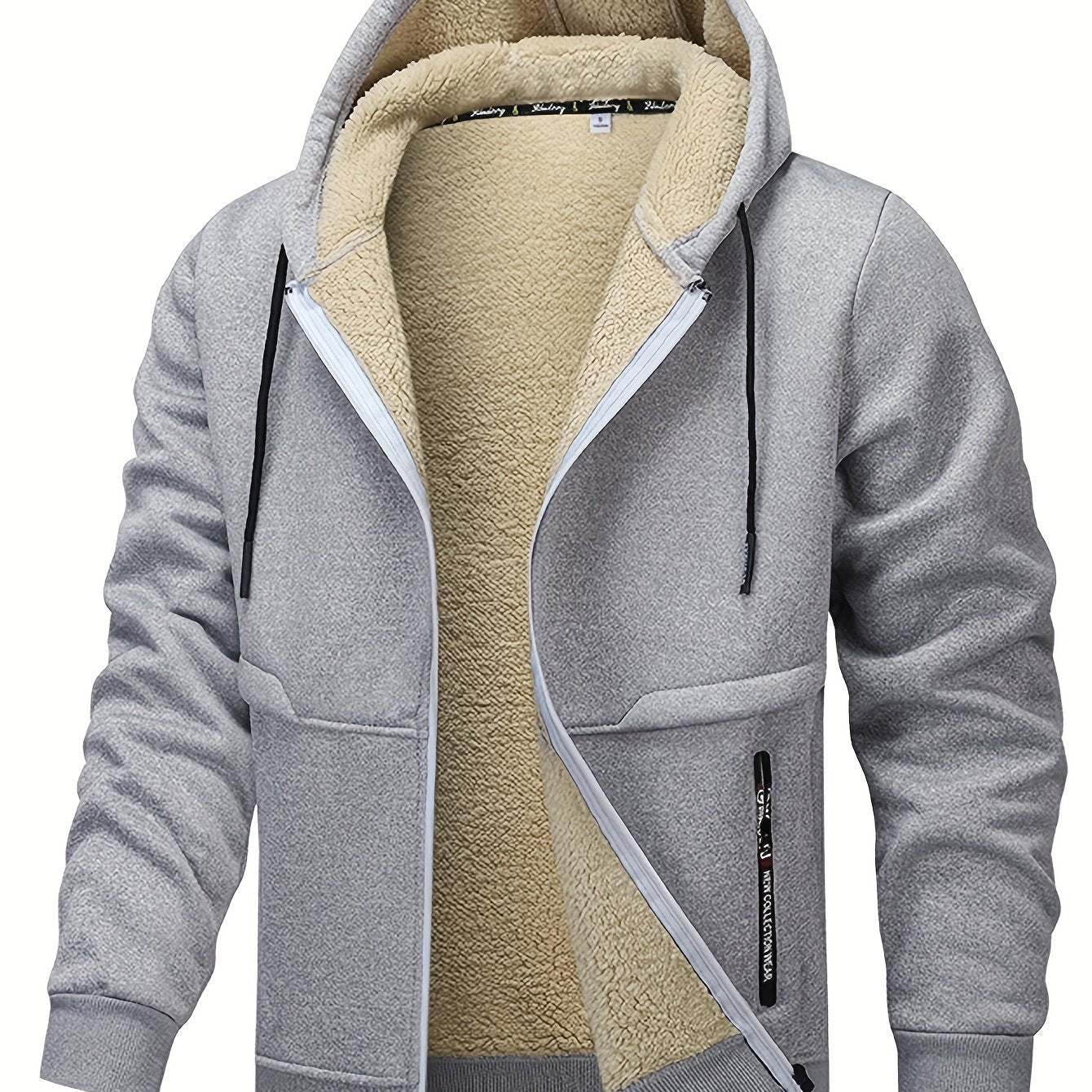 Men'S Cozy Fleece-Lined Cardigan with Hood - Navy Blue & Cream Contrast Design, Long Sleeve Casual Outerwear for Fall/Winter, Perfect for Outdoor Activities & Casual Attire, Cozy Winter Apparel, Soft Fleece Texture