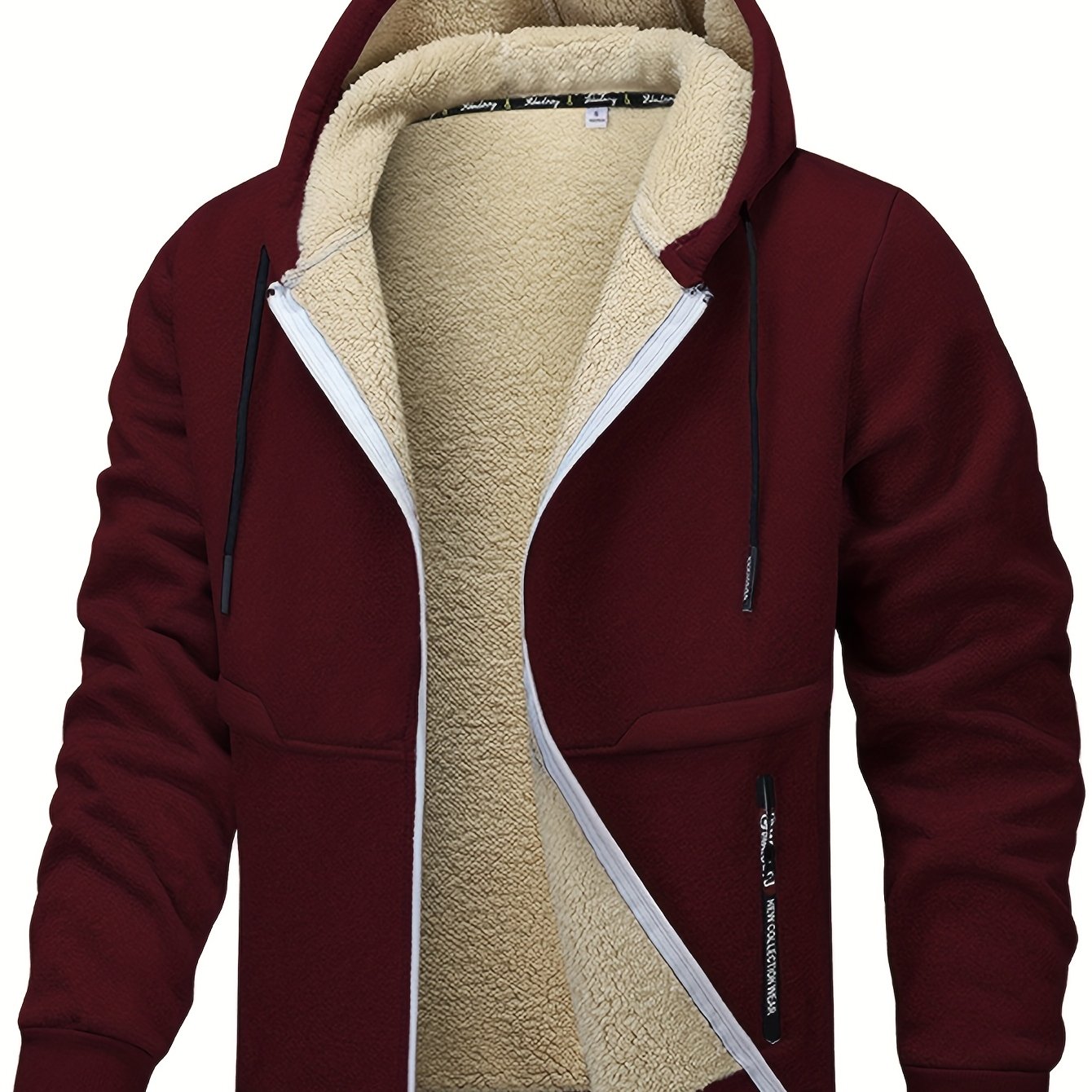 Men'S Cozy Fleece-Lined Cardigan with Hood - Navy Blue & Cream Contrast Design, Long Sleeve Casual Outerwear for Fall/Winter, Perfect for Outdoor Activities & Casual Attire, Cozy Winter Apparel, Soft Fleece Texture