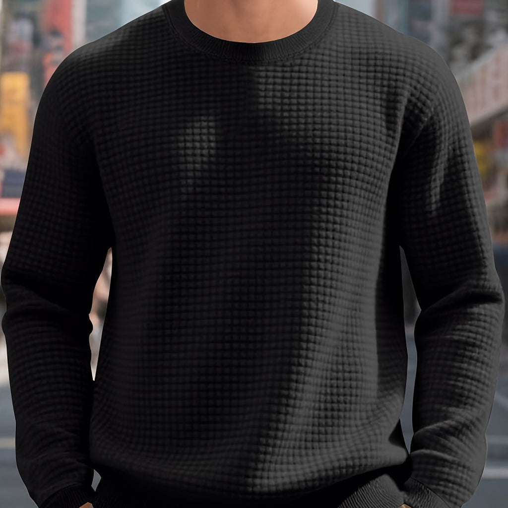 Men's Beige Knit Sweater - Soft Round Neck Long Sleeve Pullover with Subtle Check Pattern, Ribbed Texture & Minimalist Style | Cozy Casual Sweater for Fall/Winter Layering | Machine Washable Base Layer Shirt for, Outdoor & Casual Attire (Men & Teens) - Be