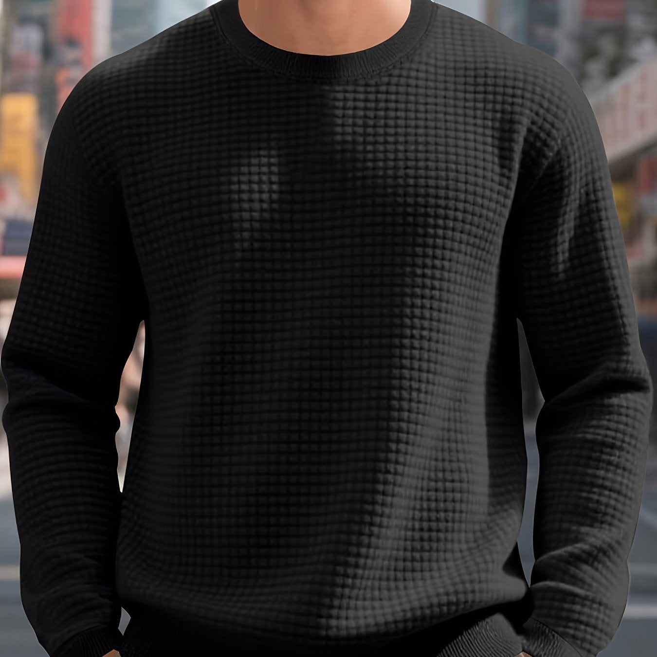Men's Beige Knit Sweater - Soft Round Neck Long Sleeve Pullover with Subtle Check Pattern, Ribbed Texture & Minimalist Style | Cozy Casual Sweater for Fall/Winter Layering | Machine Washable Base Layer Shirt for, Outdoor & Casual Attire (Men & Teens) - Be