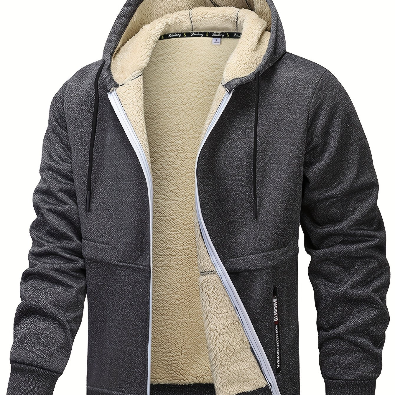 Men'S Cozy Fleece-Lined Cardigan with Hood - Navy Blue & Cream Contrast Design, Long Sleeve Casual Outerwear for Fall/Winter, Perfect for Outdoor Activities & Casual Attire, Cozy Winter Apparel, Soft Fleece Texture