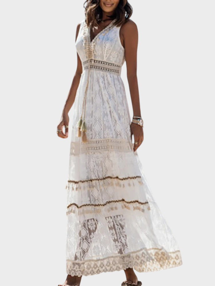 valentina - Vestido Boho Vintage Com Cordão e Franjas