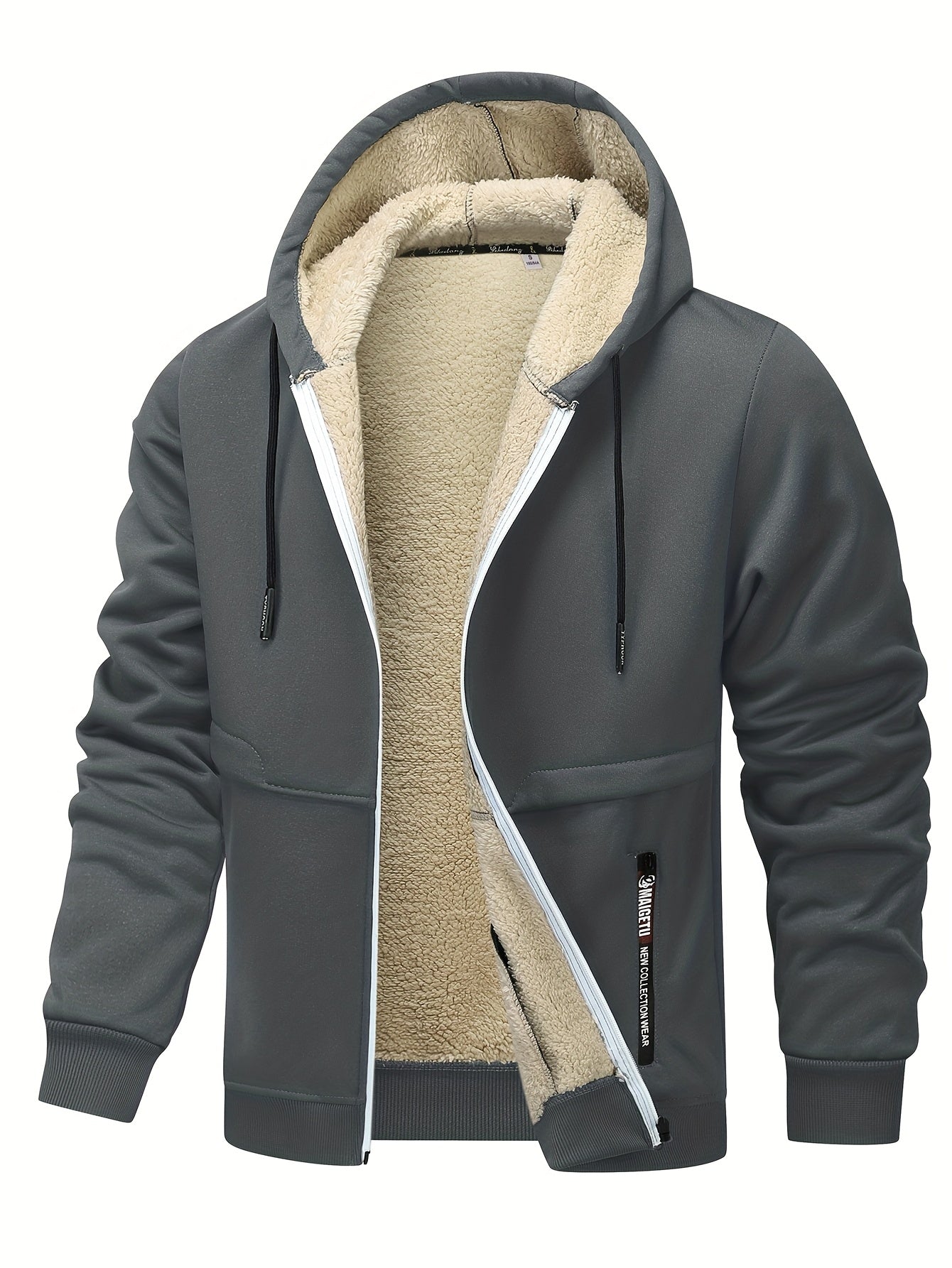 Men'S Cozy Fleece-Lined Cardigan with Hood - Navy Blue & Cream Contrast Design, Long Sleeve Casual Outerwear for Fall/Winter, Perfect for Outdoor Activities & Casual Attire, Cozy Winter Apparel, Soft Fleece Texture