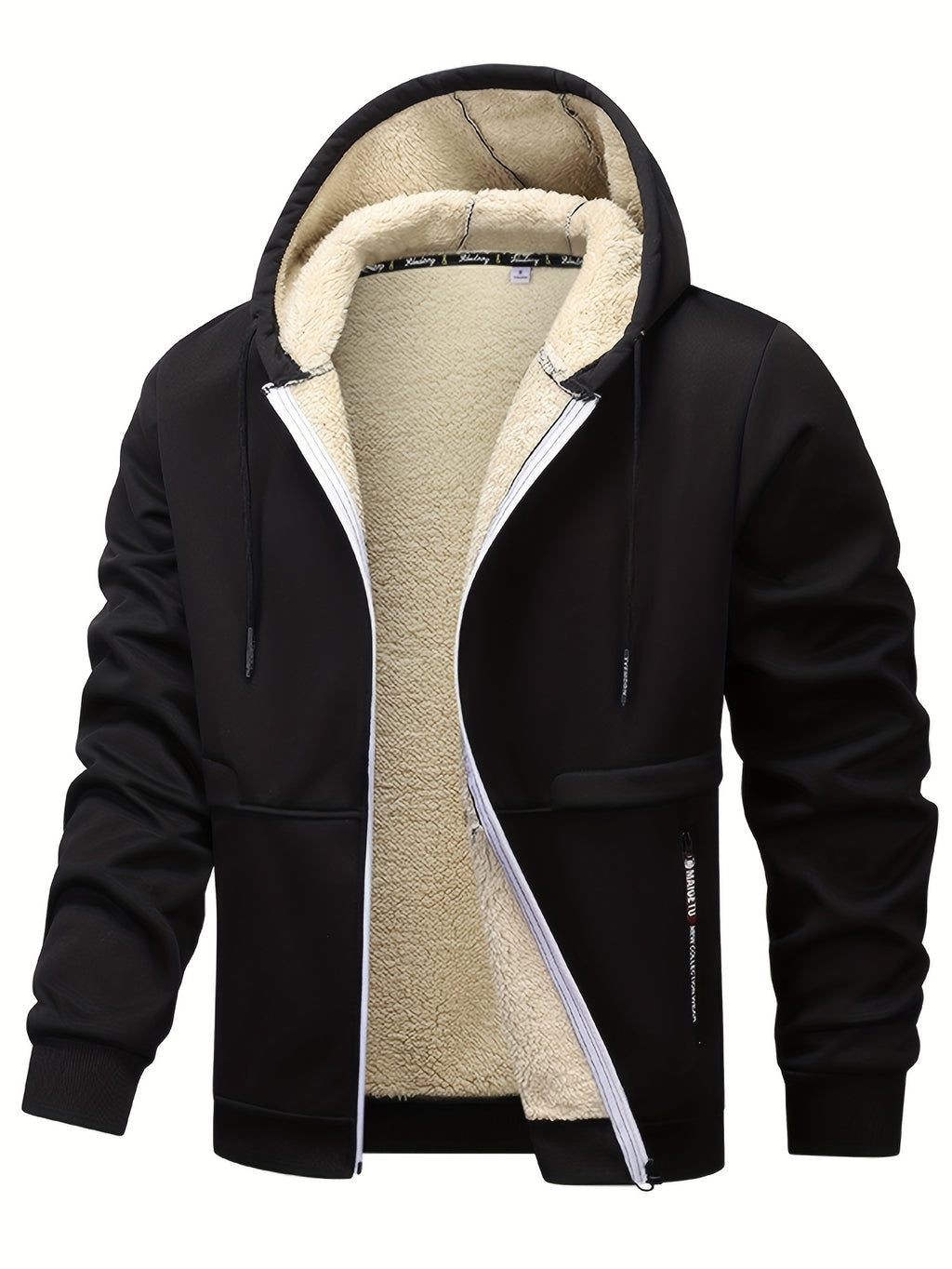 Men'S Cozy Fleece-Lined Cardigan with Hood - Navy Blue & Cream Contrast Design, Long Sleeve Casual Outerwear for Fall/Winter, Perfect for Outdoor Activities & Casual Attire, Cozy Winter Apparel, Soft Fleece Texture