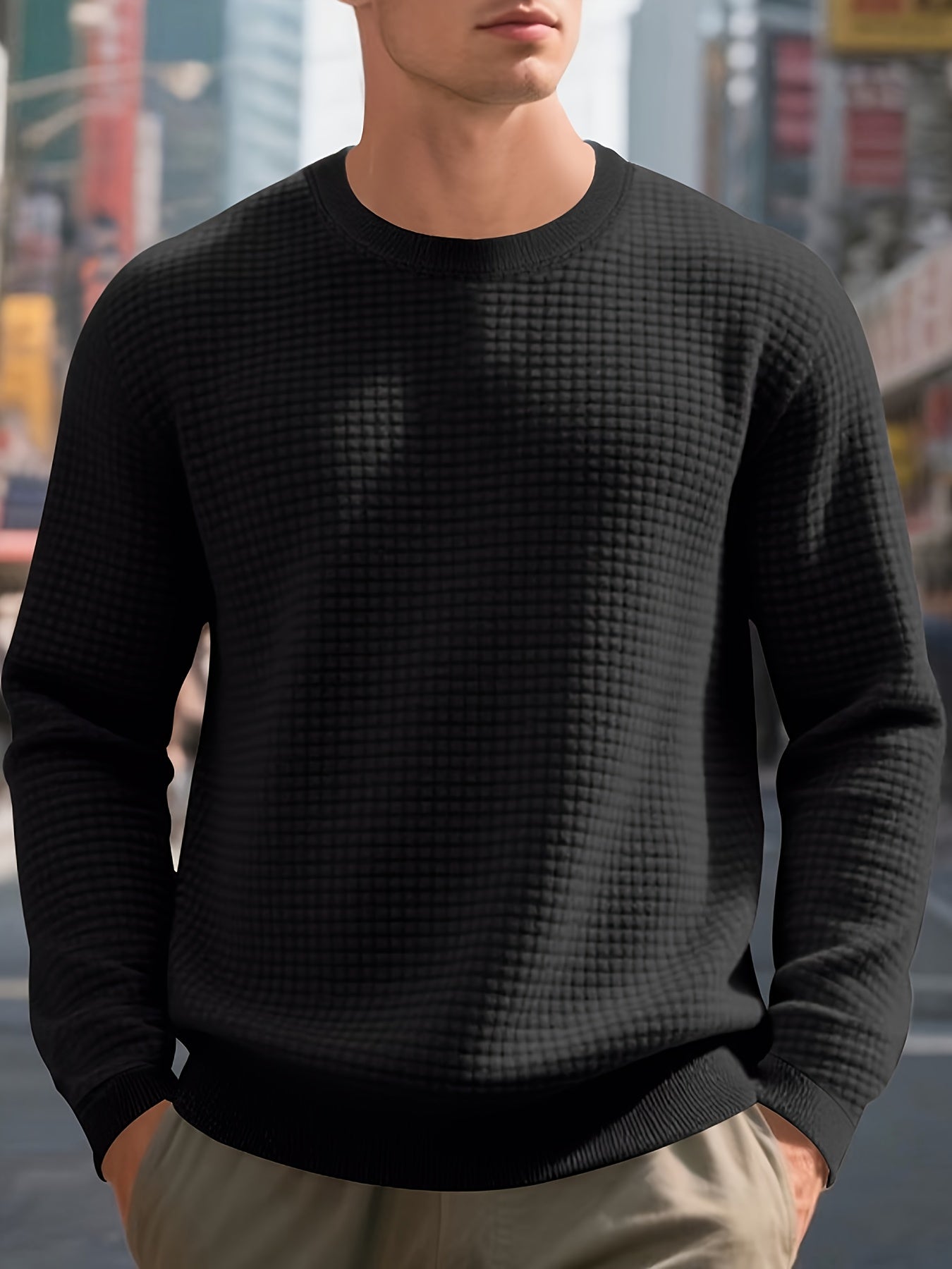 Men's Beige Knit Sweater - Soft Round Neck Long Sleeve Pullover with Subtle Check Pattern, Ribbed Texture & Minimalist Style | Cozy Casual Sweater for Fall/Winter Layering | Machine Washable Base Layer Shirt for, Outdoor & Casual Attire (Men & Teens) - Be