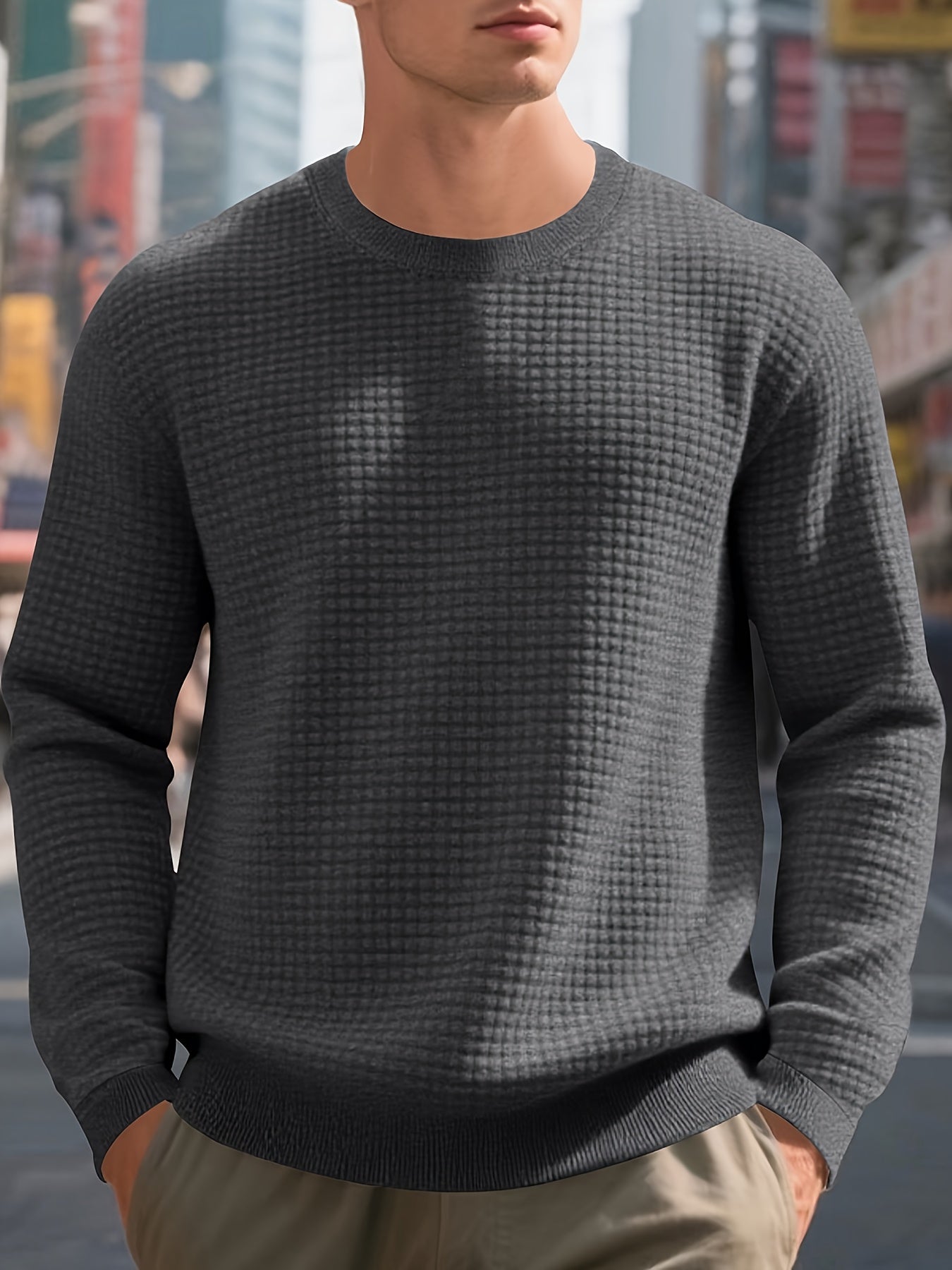 Men's Beige Knit Sweater - Soft Round Neck Long Sleeve Pullover with Subtle Check Pattern, Ribbed Texture & Minimalist Style | Cozy Casual Sweater for Fall/Winter Layering | Machine Washable Base Layer Shirt for, Outdoor & Casual Attire (Men & Teens) - Be