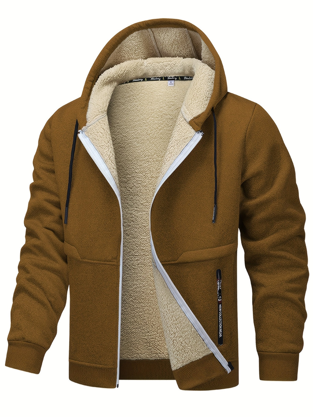 Men'S Cozy Fleece-Lined Cardigan with Hood - Navy Blue & Cream Contrast Design, Long Sleeve Casual Outerwear for Fall/Winter, Perfect for Outdoor Activities & Casual Attire, Cozy Winter Apparel, Soft Fleece Texture