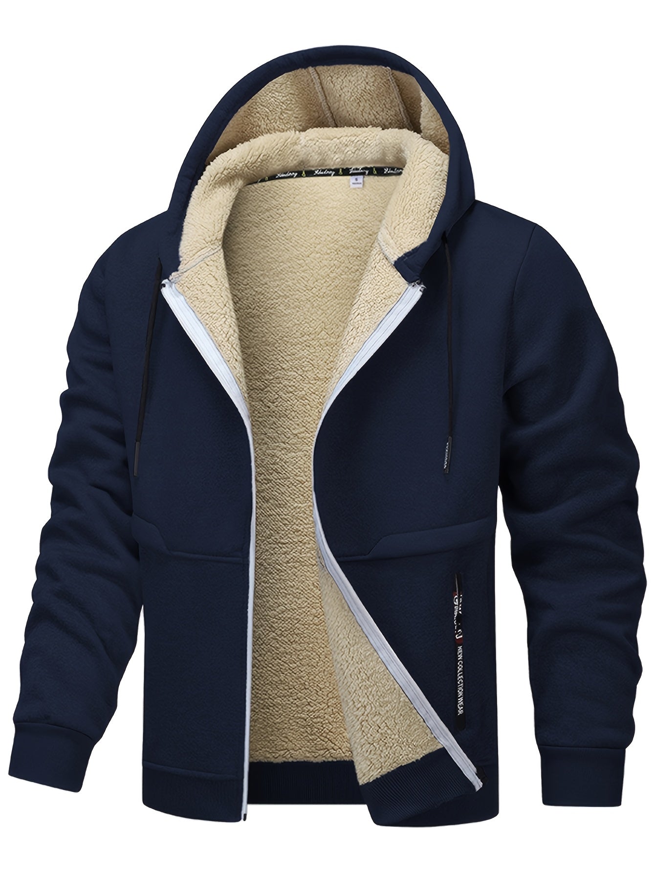 Men'S Cozy Fleece-Lined Cardigan with Hood - Navy Blue & Cream Contrast Design, Long Sleeve Casual Outerwear for Fall/Winter, Perfect for Outdoor Activities & Casual Attire, Cozy Winter Apparel, Soft Fleece Texture