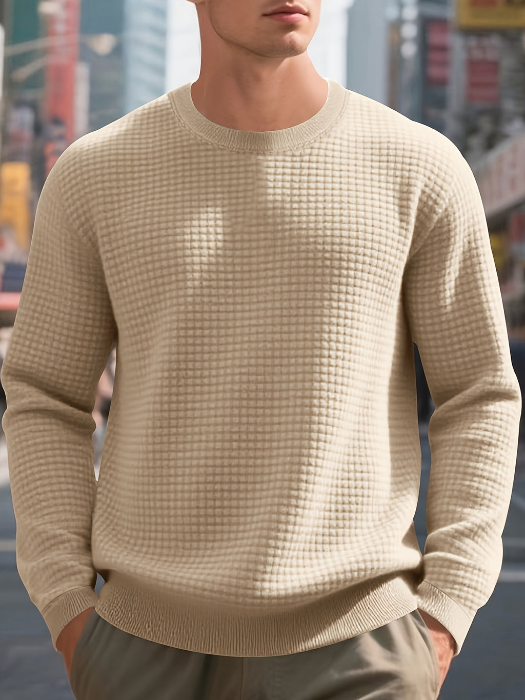 Men's Beige Knit Sweater - Soft Round Neck Long Sleeve Pullover with Subtle Check Pattern, Ribbed Texture & Minimalist Style | Cozy Casual Sweater for Fall/Winter Layering | Machine Washable Base Layer Shirt for, Outdoor & Casual Attire (Men & Teens) - Be