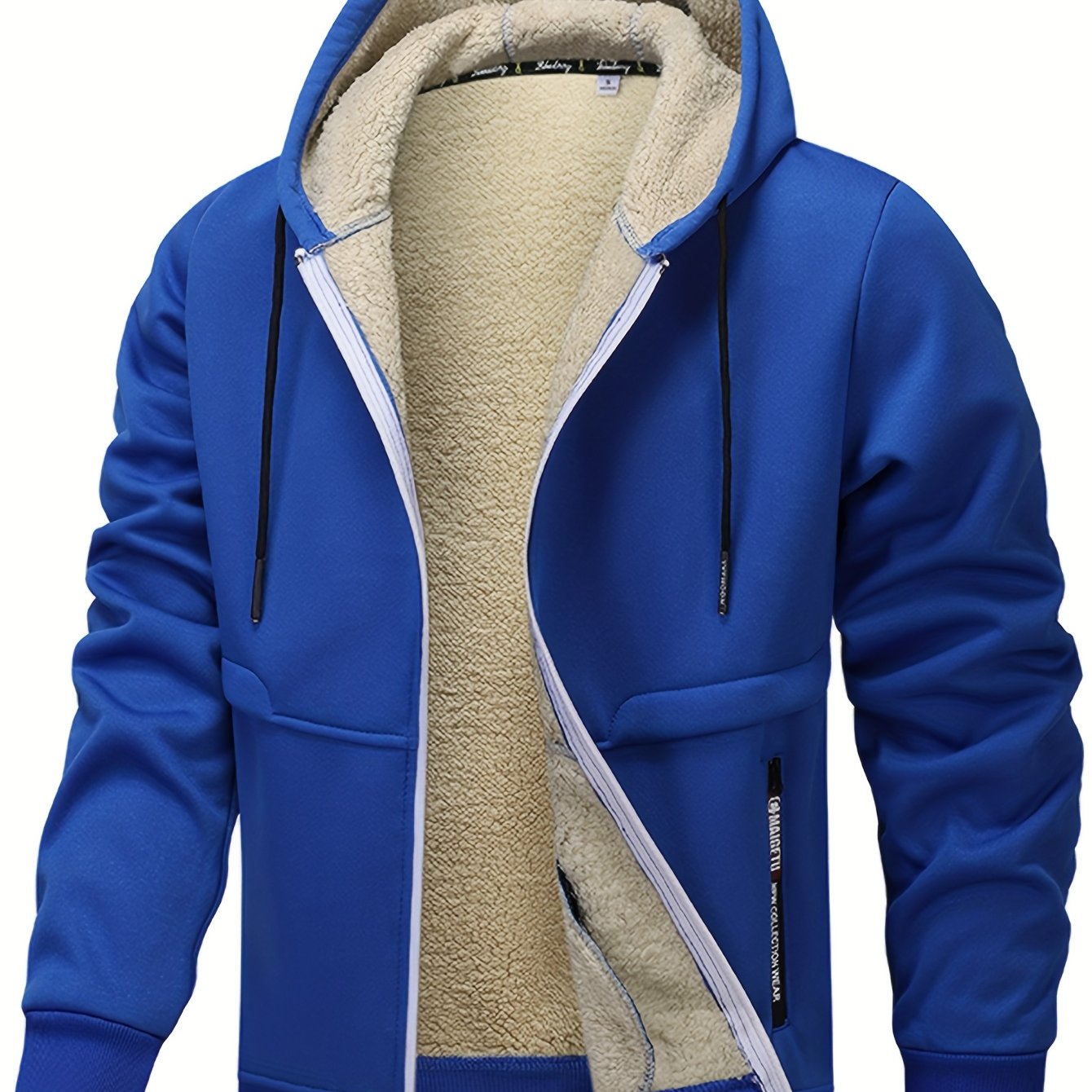 Men'S Cozy Fleece-Lined Cardigan with Hood - Navy Blue & Cream Contrast Design, Long Sleeve Casual Outerwear for Fall/Winter, Perfect for Outdoor Activities & Casual Attire, Cozy Winter Apparel, Soft Fleece Texture