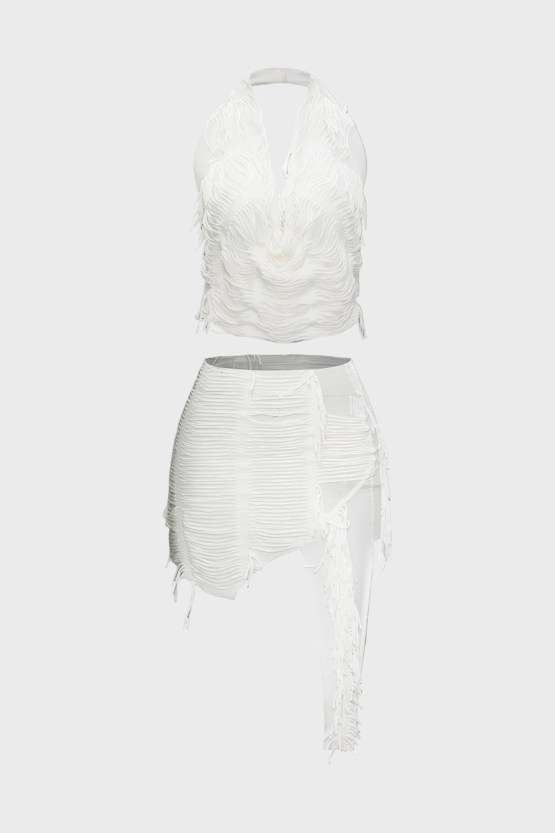 Graça- Conjunto de Top Halter Desgastado e Saia Mini Assimétrica