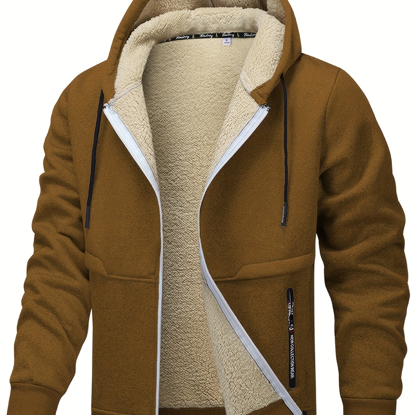 Men'S Cozy Fleece-Lined Cardigan with Hood - Navy Blue & Cream Contrast Design, Long Sleeve Casual Outerwear for Fall/Winter, Perfect for Outdoor Activities & Casual Attire, Cozy Winter Apparel, Soft Fleece Texture