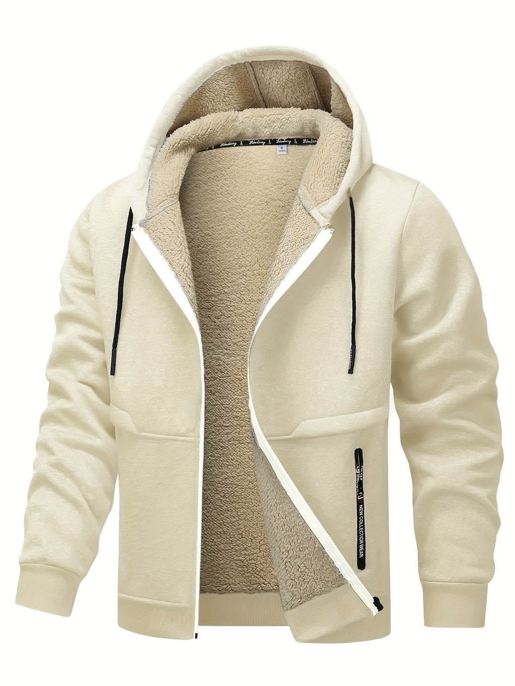 Men'S Cozy Fleece-Lined Cardigan with Hood - Navy Blue & Cream Contrast Design, Long Sleeve Casual Outerwear for Fall/Winter, Perfect for Outdoor Activities & Casual Attire, Cozy Winter Apparel, Soft Fleece Texture