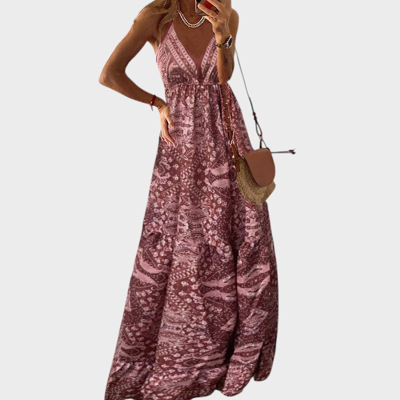 Fernanda - Vestido Longo Boho Com Alças Finas e Decote Em V