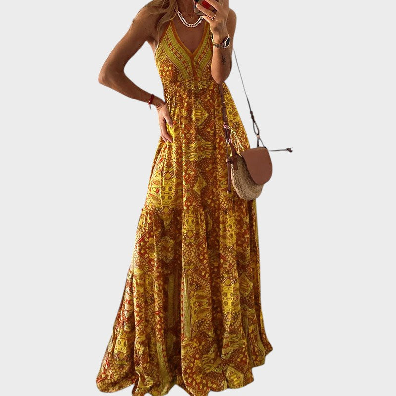 Fernanda - Vestido Longo Boho Com Alças Finas e Decote Em V
