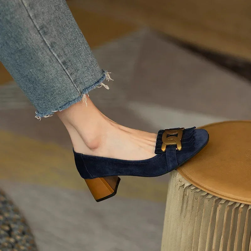 2023 New Fashion Tassel Metal Comfortable Pumps Square Toe Slip-on Casual Elegant Low Heel Sandals Leather Women Shoes 40