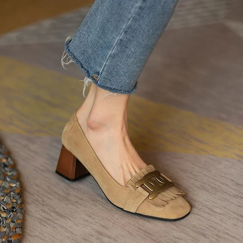 2023 New Fashion Tassel Metal Comfortable Pumps Square Toe Slip-on Casual Elegant Low Heel Sandals Leather Women Shoes 40