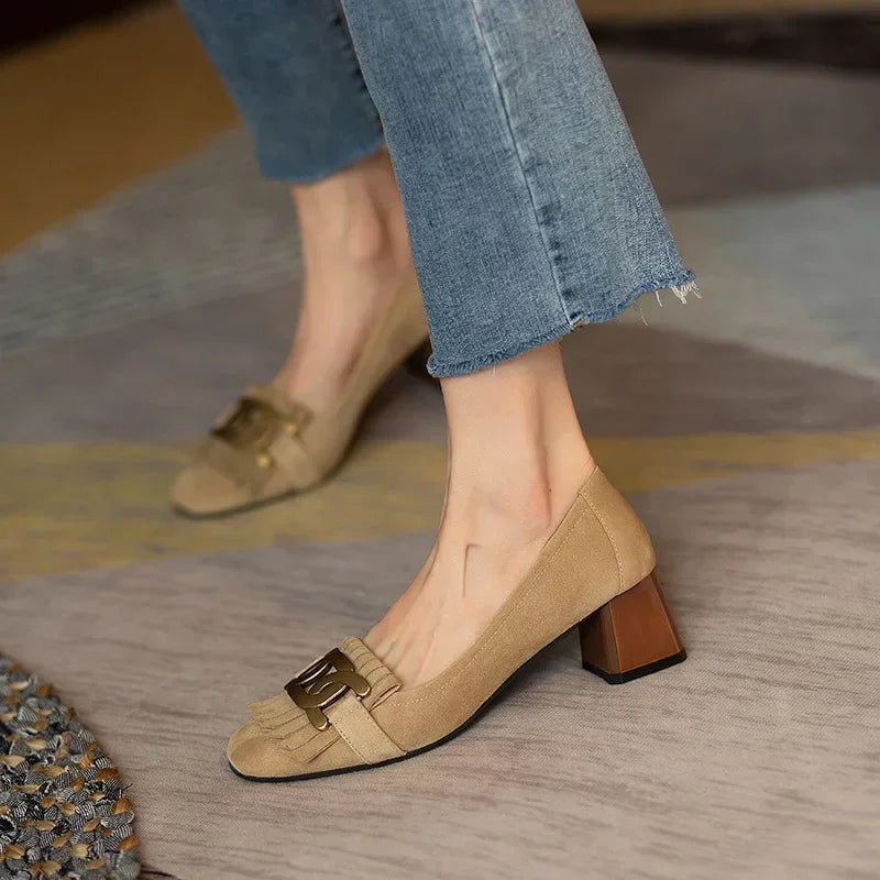 2023 New Fashion Tassel Metal Comfortable Pumps Square Toe Slip-on Casual Elegant Low Heel Sandals Leather Women Shoes 40