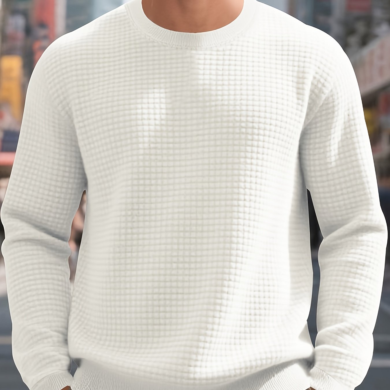 Men's Beige Knit Sweater - Soft Round Neck Long Sleeve Pullover with Subtle Check Pattern, Ribbed Texture & Minimalist Style | Cozy Casual Sweater for Fall/Winter Layering | Machine Washable Base Layer Shirt for, Outdoor & Casual Attire (Men & Teens) - Be