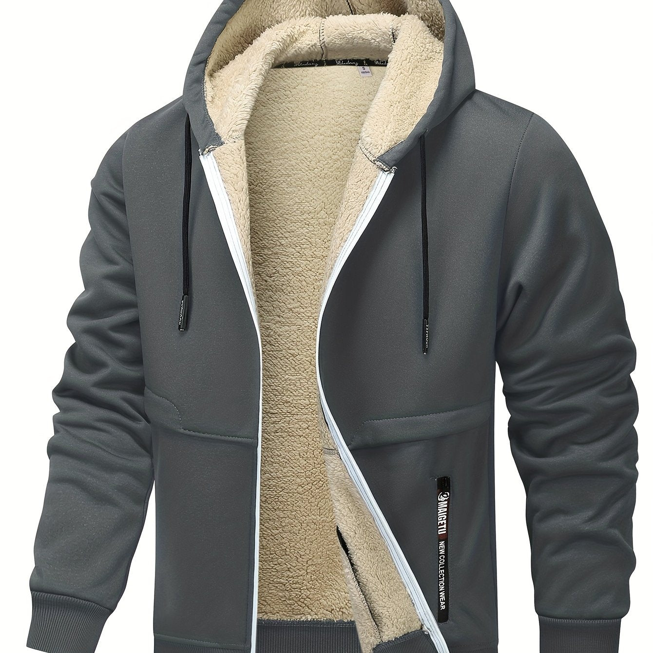 Men'S Cozy Fleece-Lined Cardigan with Hood - Navy Blue & Cream Contrast Design, Long Sleeve Casual Outerwear for Fall/Winter, Perfect for Outdoor Activities & Casual Attire, Cozy Winter Apparel, Soft Fleece Texture