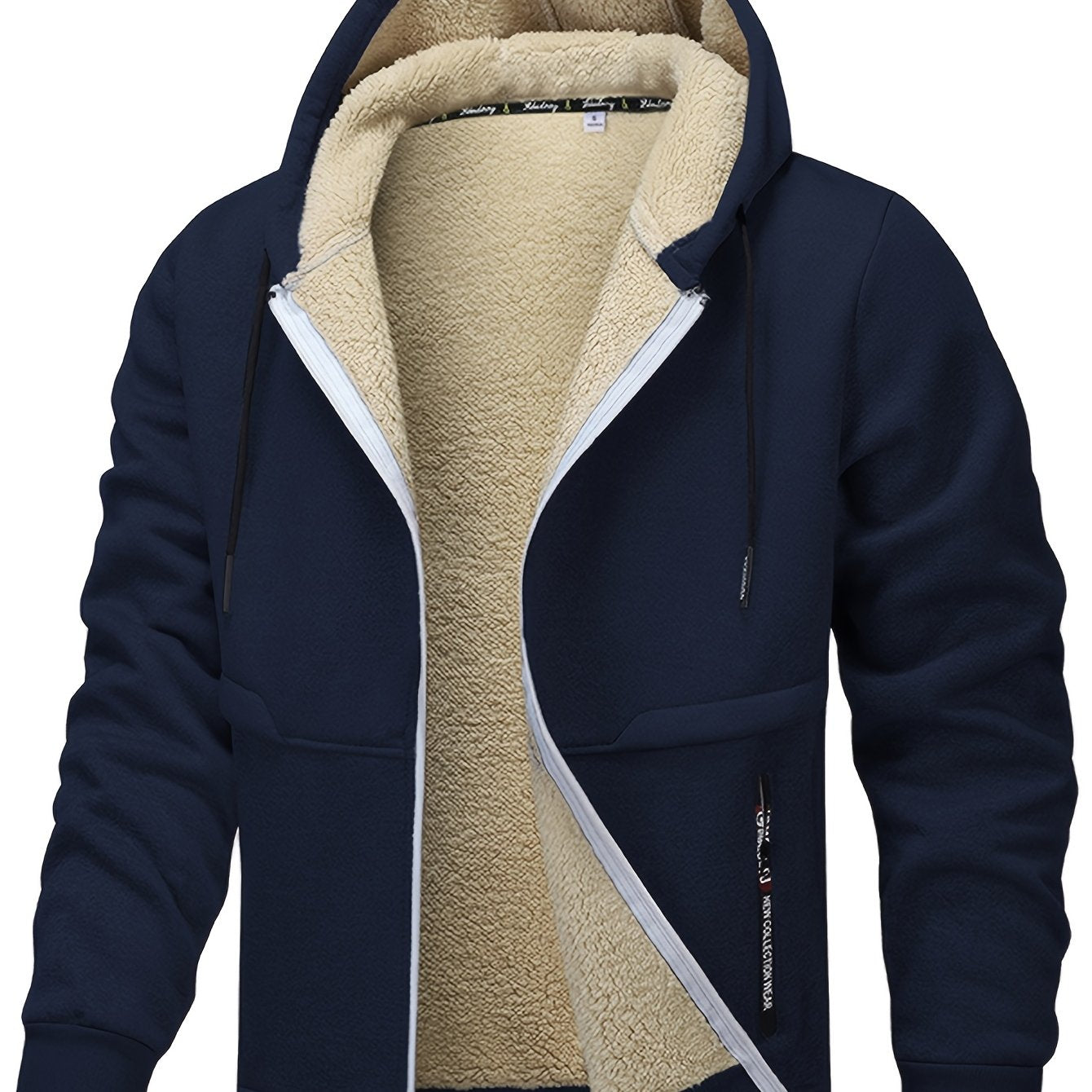 Men'S Cozy Fleece-Lined Cardigan with Hood - Navy Blue & Cream Contrast Design, Long Sleeve Casual Outerwear for Fall/Winter, Perfect for Outdoor Activities & Casual Attire, Cozy Winter Apparel, Soft Fleece Texture