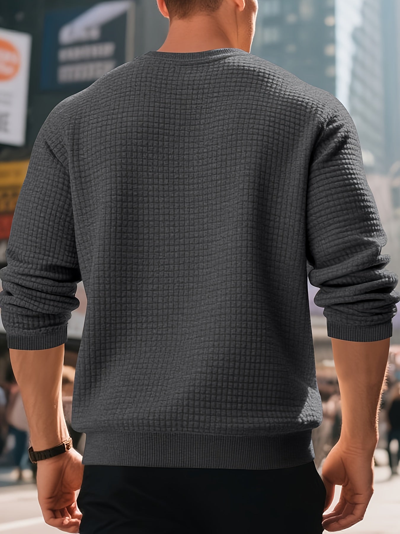 Men's Beige Knit Sweater - Soft Round Neck Long Sleeve Pullover with Subtle Check Pattern, Ribbed Texture & Minimalist Style | Cozy Casual Sweater for Fall/Winter Layering | Machine Washable Base Layer Shirt for, Outdoor & Casual Attire (Men & Teens) - Be