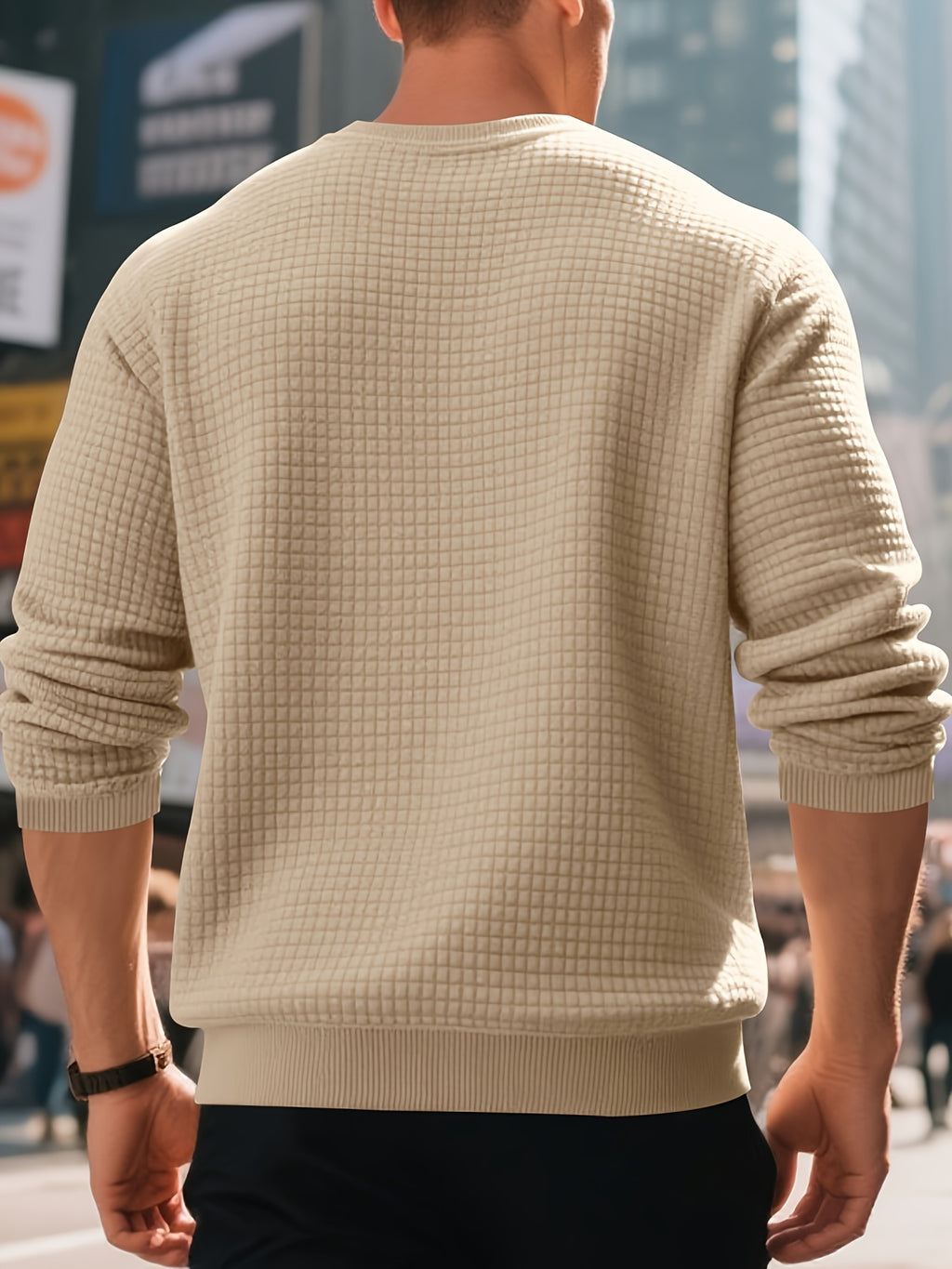 Men's Beige Knit Sweater - Soft Round Neck Long Sleeve Pullover with Subtle Check Pattern, Ribbed Texture & Minimalist Style | Cozy Casual Sweater for Fall/Winter Layering | Machine Washable Base Layer Shirt for, Outdoor & Casual Attire (Men & Teens) - Be
