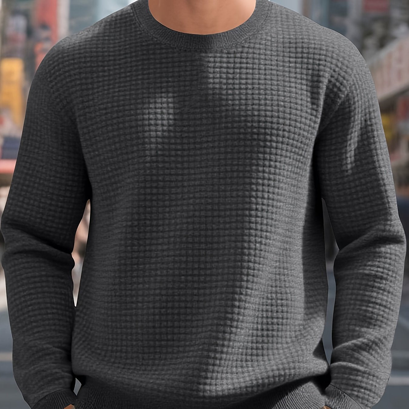 Men's Beige Knit Sweater - Soft Round Neck Long Sleeve Pullover with Subtle Check Pattern, Ribbed Texture & Minimalist Style | Cozy Casual Sweater for Fall/Winter Layering | Machine Washable Base Layer Shirt for, Outdoor & Casual Attire (Men & Teens) - Be