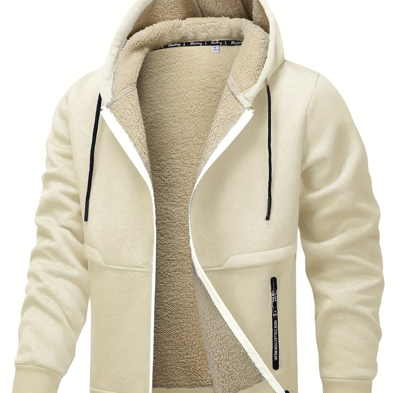 Men'S Cozy Fleece-Lined Cardigan with Hood - Navy Blue & Cream Contrast Design, Long Sleeve Casual Outerwear for Fall/Winter, Perfect for Outdoor Activities & Casual Attire, Cozy Winter Apparel, Soft Fleece Texture