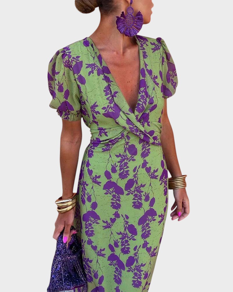 Amélia - Vestido Boho Plissado com Padrão Floral Feminina