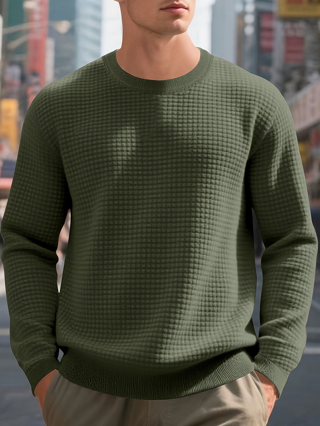 Men's Beige Knit Sweater - Soft Round Neck Long Sleeve Pullover with Subtle Check Pattern, Ribbed Texture & Minimalist Style | Cozy Casual Sweater for Fall/Winter Layering | Machine Washable Base Layer Shirt for, Outdoor & Casual Attire (Men & Teens) - Be