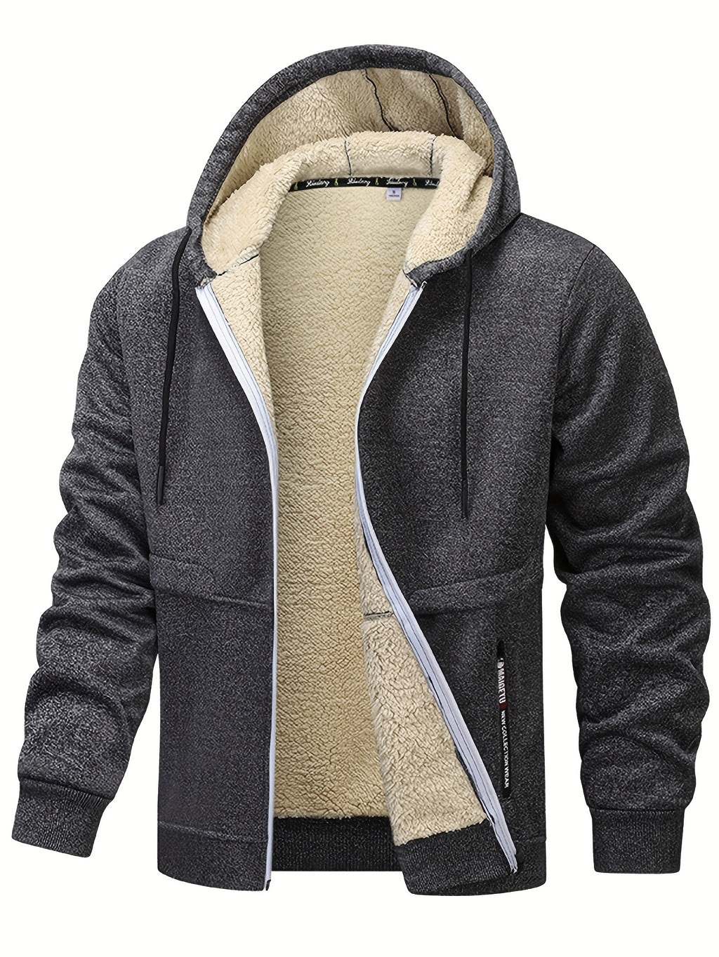 Men'S Cozy Fleece-Lined Cardigan with Hood - Navy Blue & Cream Contrast Design, Long Sleeve Casual Outerwear for Fall/Winter, Perfect for Outdoor Activities & Casual Attire, Cozy Winter Apparel, Soft Fleece Texture