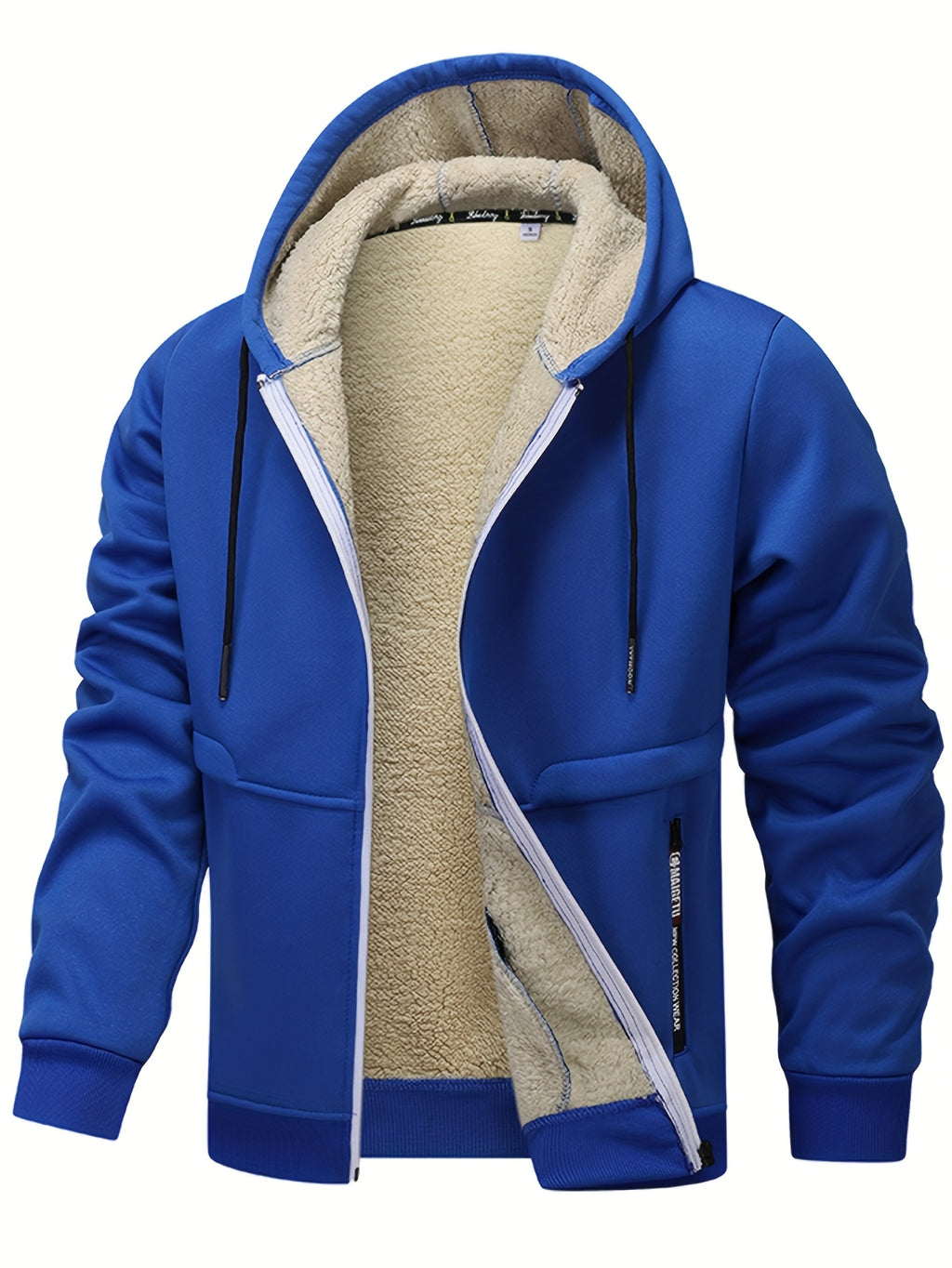 Men'S Cozy Fleece-Lined Cardigan with Hood - Navy Blue & Cream Contrast Design, Long Sleeve Casual Outerwear for Fall/Winter, Perfect for Outdoor Activities & Casual Attire, Cozy Winter Apparel, Soft Fleece Texture