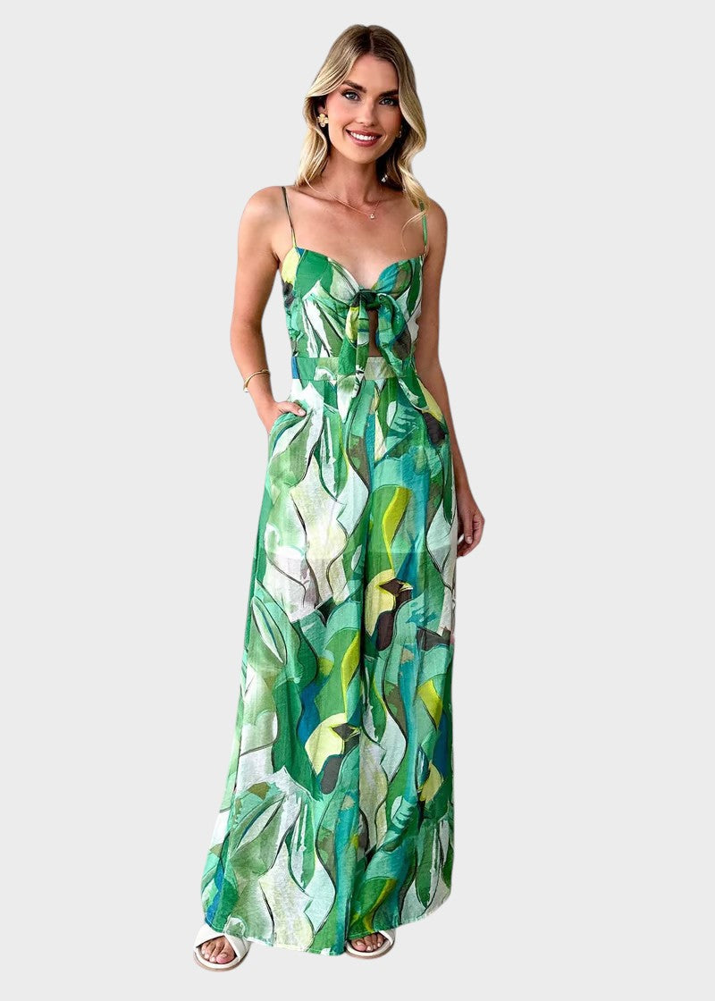 Ema - Vestido Longo Com Padrão e Alças Finas