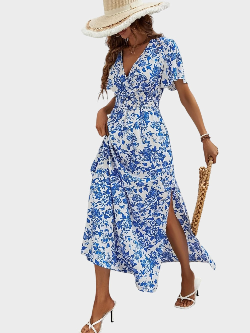 Bea - Vestido Boémio Azul com Decote em V para Praia