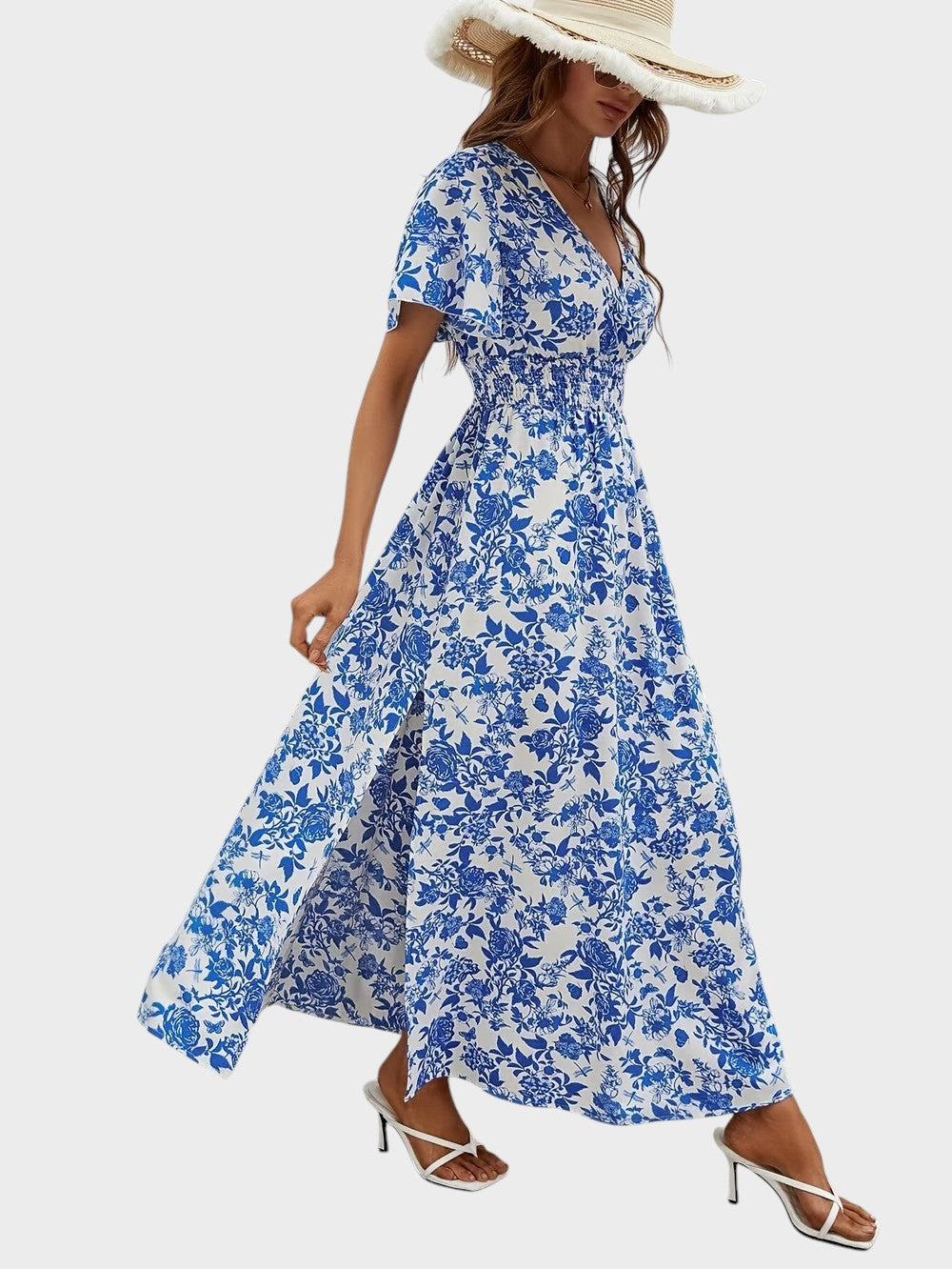 Bea - Vestido Boémio Azul com Decote em V para Praia