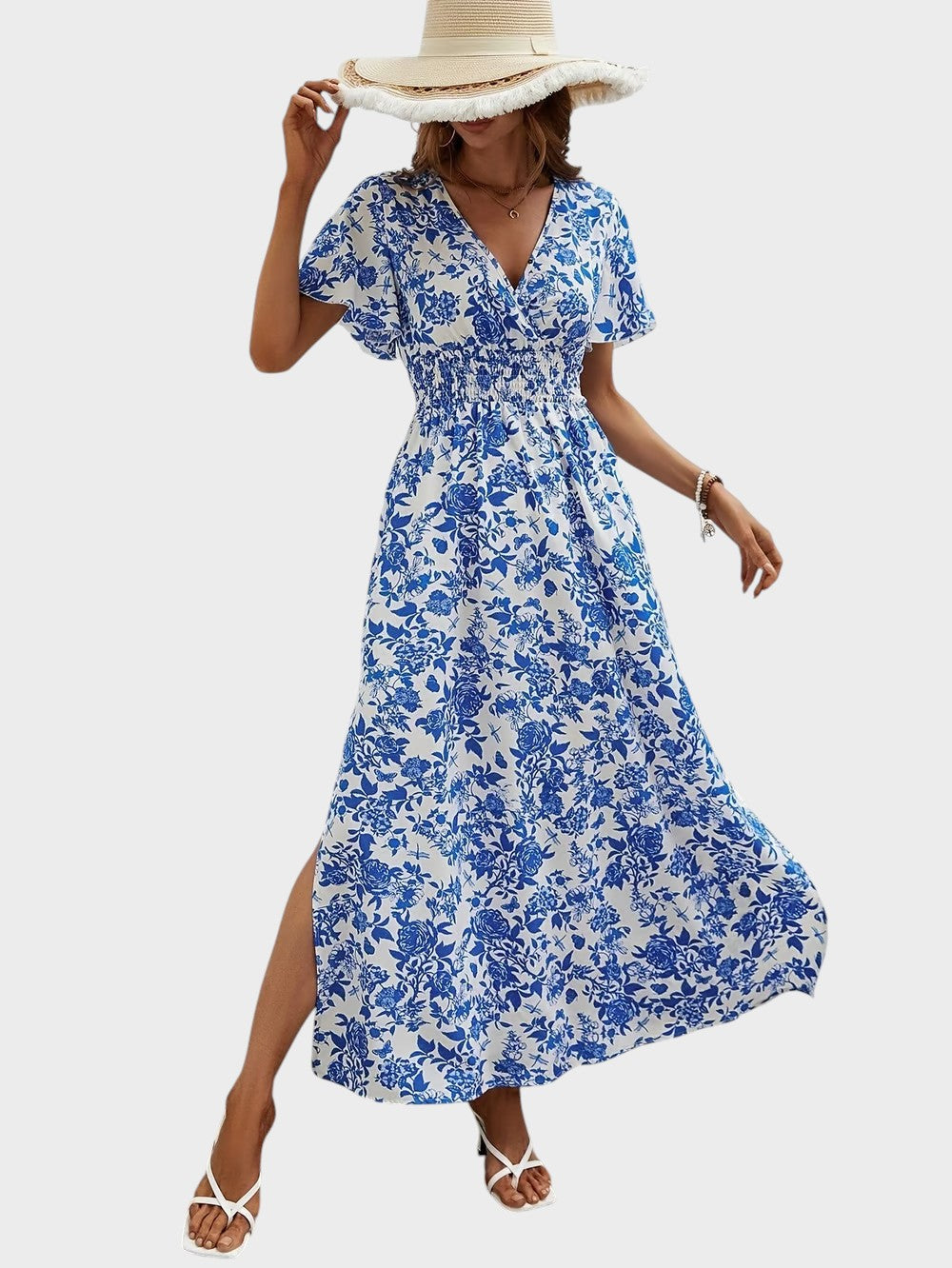 Bea - Vestido Boémio Azul com Decote em V para Praia