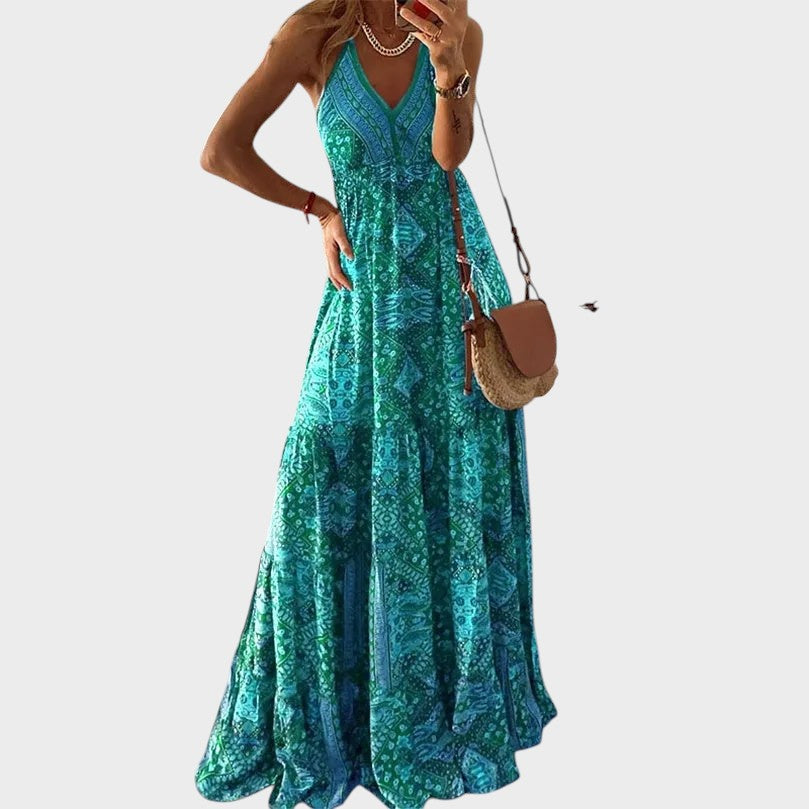 Fernanda - Vestido Longo Boho Com Alças Finas e Decote Em V